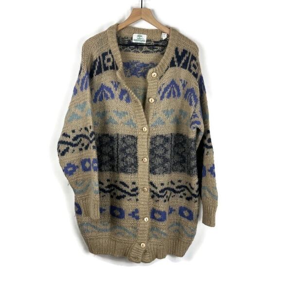 BALDIMAGLIE VTG Italy Cardigan Sweater Kid Mohair Blend Beige/Blue Oversized Med - Picture 1 of 10